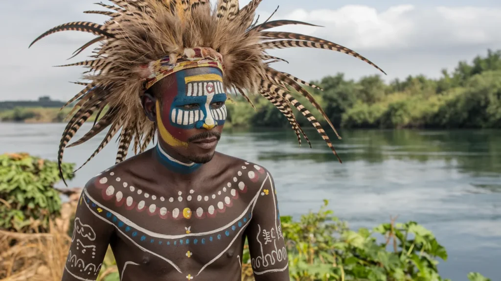 Karo man with detailed body painting near the Omo River in Ethiopia