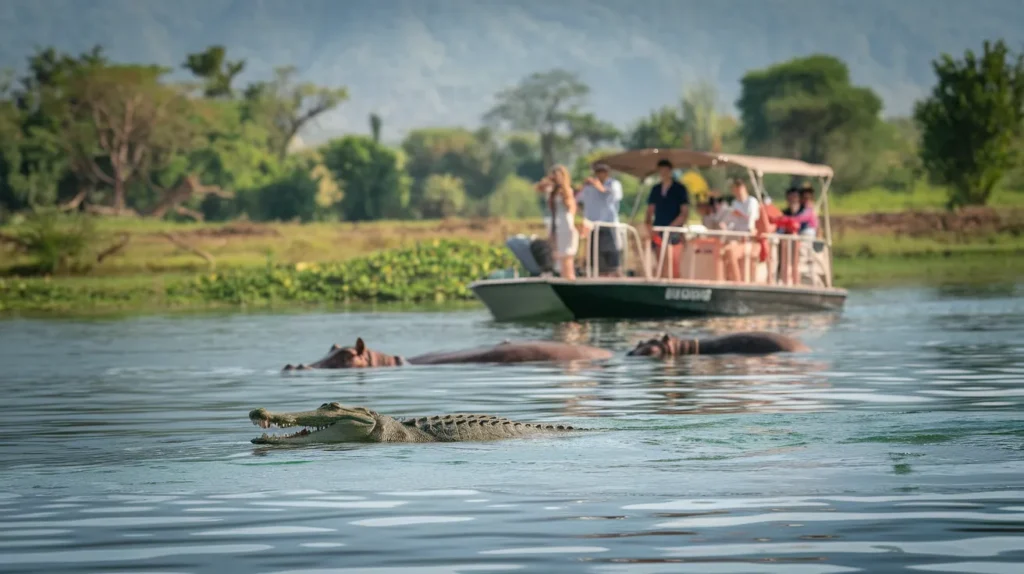 Tourist boat ride on Lake Chamo with crocodiles and hippos in view