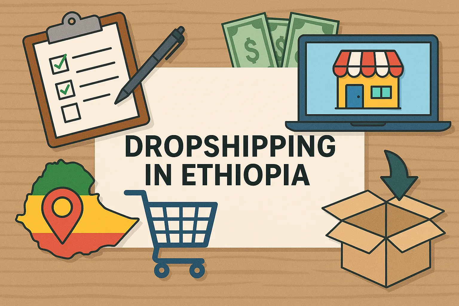 Illustration showing dropshipping in Ethiopia with icons of a shopping cart, laptop, money, checklist, map of Ethiopia, and a cardboard box on a wooden background